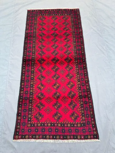 Vintage Afghan Baluch Runner Rug 3x7 Tribal Turkmen Mowri Design | Nomadic Fine Wool Carpet | Unique Hallway R
