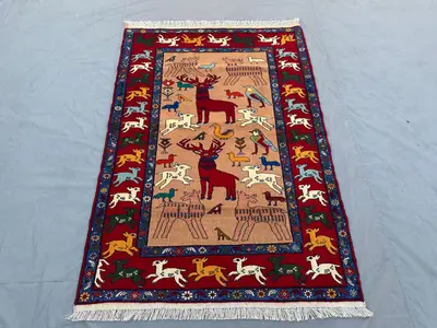 Afghan Baluch Pictorial Rug 4'4" x 6'4" – Hand-Knotted Wool Rug, Tribal Animal Design Carpet, Vintage Nomadic 
