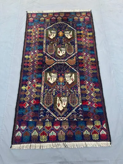 Vintage Afghan Pictorial Rug, 4x7 Handmade Wool Carpet | Tribal Bohemian Wall Hanging | Unique Artisan Rug | K
