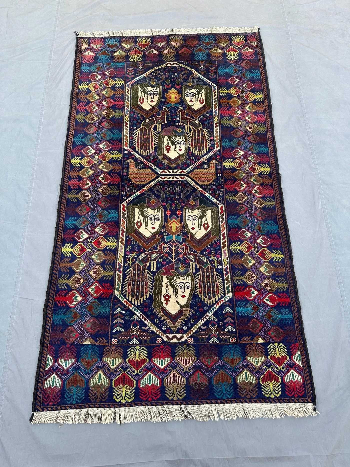 Vintage Afghan Pictorial Rug, 4x7 Handmade Wool Carpet | Tribal Bohemian Wall Hanging | Unique Artisan Rug | Kitchen & Home Decor, Moss Rug