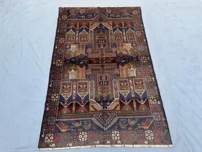 Antique Afghan Baluch Rug | 4x7 Hand-Knotted Wool Carpet | Tribal Geometric Art Rug | Vintage Kitchen & Home D
