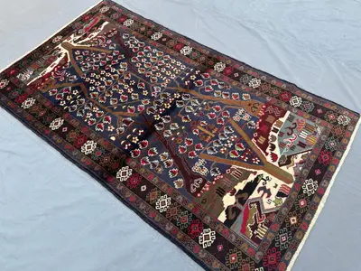 3'7x6'4 ft Vintage Afghan Handmade Rug, Tribal Baluch Tree of Life Wool Rug Geometric Pattern Kitchen Rug Old 