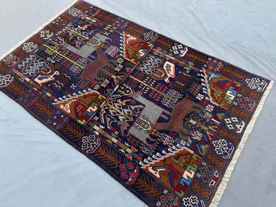 4'1" x 6'7" ft Afghan Hand-Knotted Baluch Rug | Tribal Pictorial Animal Hunting Scene Rug | Nomadic Art Geomet