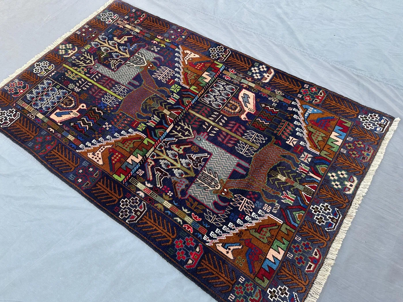 4'1" x 6'7" ft Afghan Hand-Knotted Baluch Rug | Tribal Pictorial Animal Hunting Scene Rug | Nomadic Art Geometric Area Rug Wall Hanging rug
