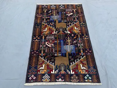 4x7 Vintage Afghan Baluchi Rug | Tribal Handmade Pictorial Animal Hunting Rug | Geometric Pattern Wool Kitchen