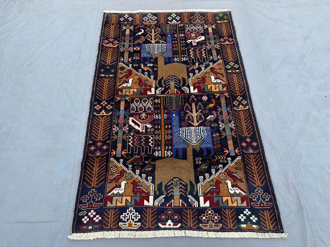 4x7 Vintage Afghan Baluchi Rug | Tribal Handmade Pictorial Animal Hunting Rug | Geometric Pattern Wool Kitchen Rug, Wall Hanging & Area Rug