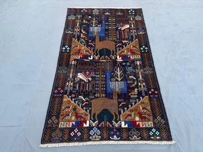 4x7 Vintage Afghan Baluchi Rug, Tribal Handmade Pictorial Animal Hunting Rug | Geometric Pattern Wool Kitchen 