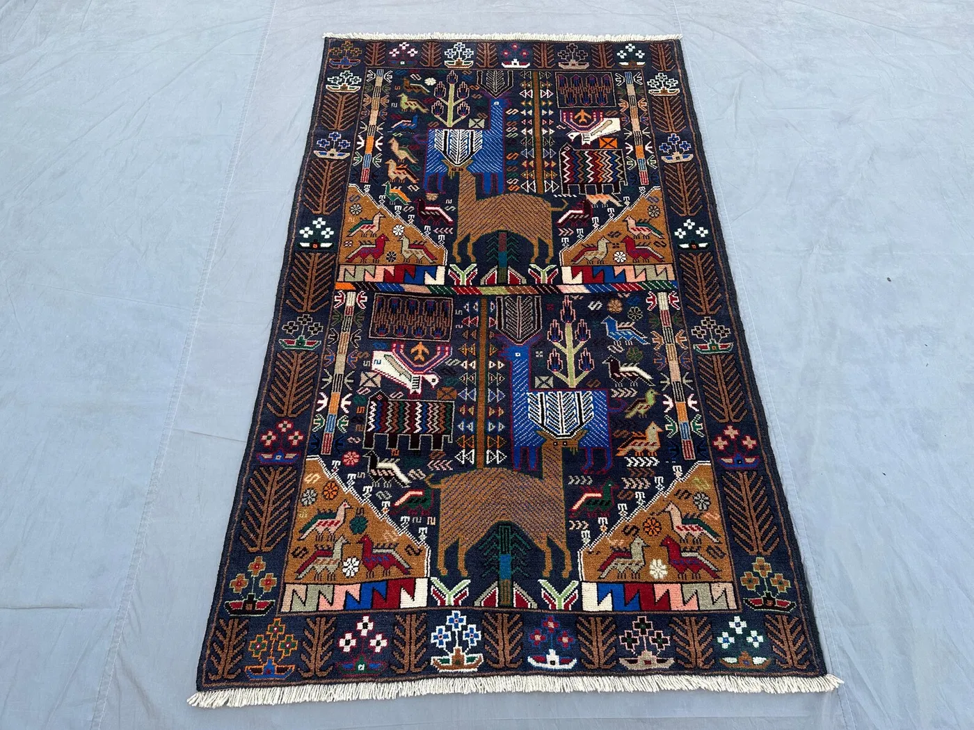4x7 Vintage Afghan Baluchi Rug, Tribal Handmade Pictorial Animal Hunting Rug | Geometric Pattern Wool Kitchen Bedroom Rug, Boho Area Rug