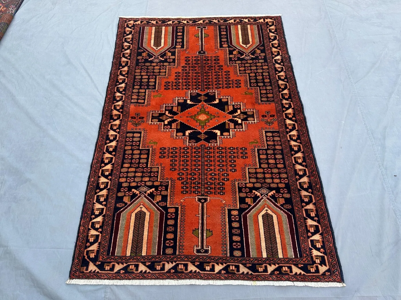 4'3" x 6'3" ft, Vintage Turkmen Handmade Rug | Tribal Baluchi Area Rug | Geometric Wool Rug for Bedroom, Kitchen Rug, Orange turkmen Rug