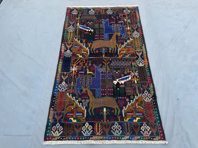4x7 Vintage Afghan Baluchi Rug | Tribal Handmade Pictorial Animal Hunting Rug | Geometric Pattern Wool Kitchen