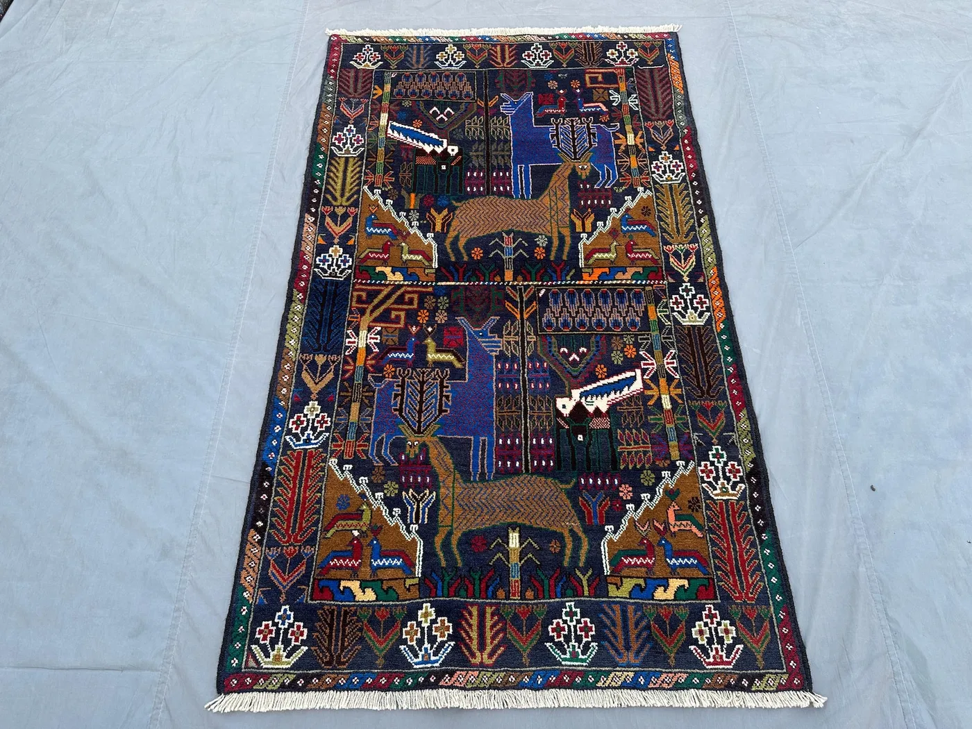 4x7 Vintage Afghan Baluchi Rug | Tribal Handmade Pictorial Animal Hunting Rug | Geometric Pattern Wool Kitchen Bedroom Rug, Boho Area Rug