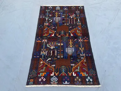 3'10x6'5 ft, Vintage Afghan Baluchi Rug | Tribal Handmade Pictorial Animal Hunting Rug | Geometric Pattern Woo