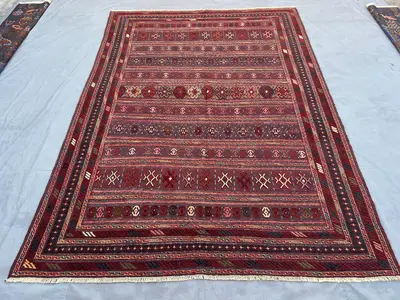 7x10 Antique Afghan Kilim Rug | Tribal Flat Weave Wool Rug | Vintage Geometric Design for Living Room or Bedro