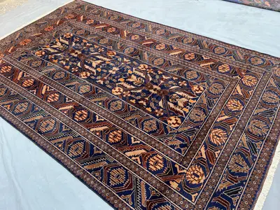 7x10 ft Brown Vintage Geometric Baluchi Rug | Dark Navy Afghan Handmade Wool Rug | Veg Dye Oriental Area Rug |