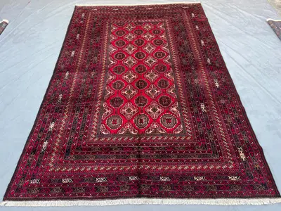 6'6x9'7 Turkmen Gul Design Rug | Hand-Knotted Afghan Wool | Deep Red Geometric Medallion Carpet