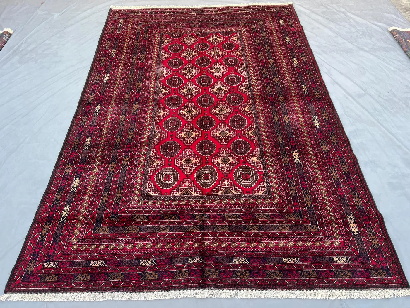 6'6x9'7 Turkmen Gul Design Rug | Hand-Knotted Afghan Wool | Deep Red Geometric Medallion Carpet