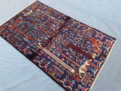 4x7 Antique Afghan Baluchi Rug, Tribal Tree of Life Wool Rug, Handmade Geometric Pattern Bedroom Kitchen Rug, 