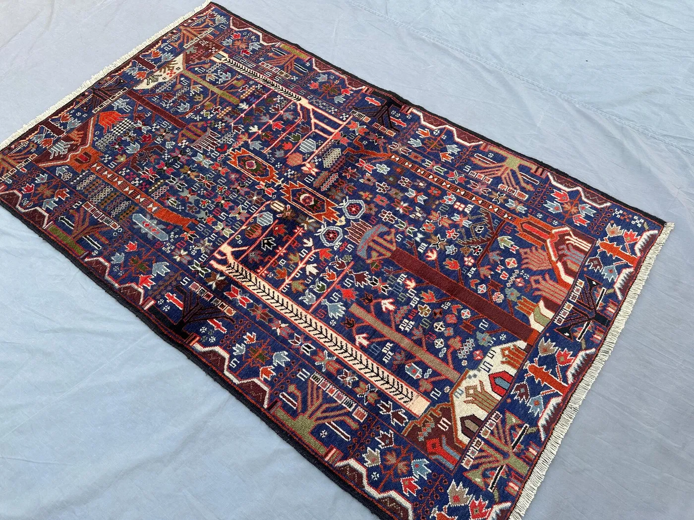 4x7 Antique Afghan Baluchi Rug, Tribal Tree of Life Wool Rug, Handmade Geometric Pattern Bedroom Kitchen Rug, Home Decor Moss rug, Pictorial