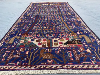 4x7 Antique Afghan Baluchi Rug, Tribal Tree of Life Wool Rug, Handmade Geometric Pattern Bedroom Kitchen Rug, 