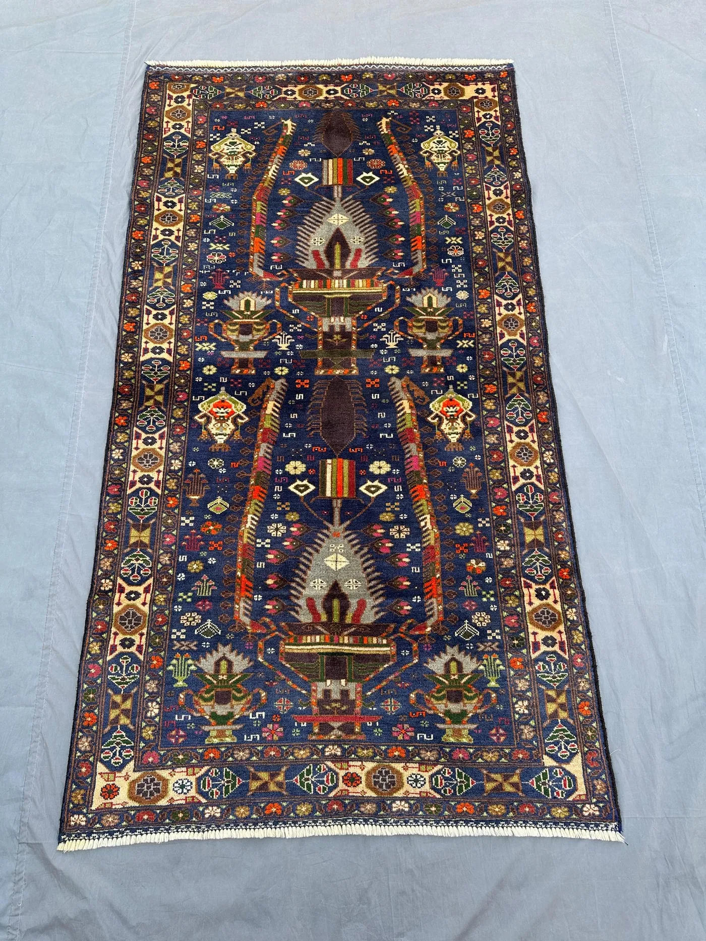 Antique Afghan Floral Pot Rug, 4x7 Handmade Wool Geometric Carpet, Vintage Hand-Knotted Tribal Rug, Traditional Oriental Rug, Kitchen Rug