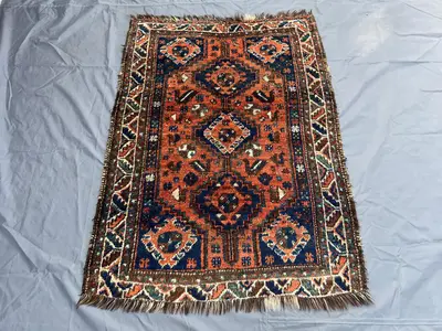 Antique Caucasian Rug 3.7x4.10 ft | Turkish Inspired Tribal Wool Rug | Hand Knotted Vintage Accent | Red Blue 