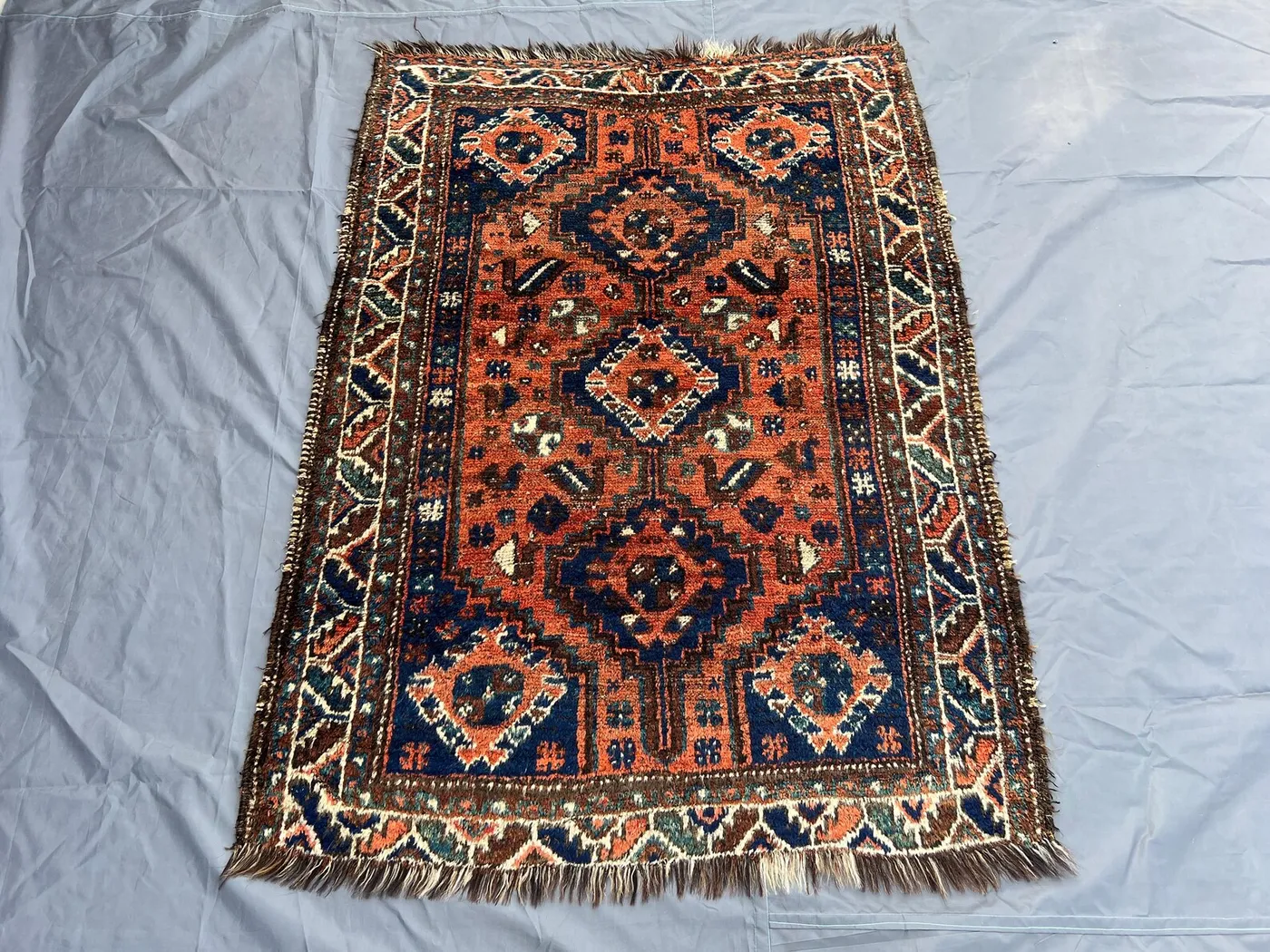 Antique Caucasian Rug 3.7x4.10 ft | Turkish Inspired Tribal Wool Rug | Hand Knotted Vintage Accent | Red Blue Geometric Small Carpet | Moss