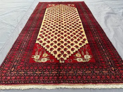 3'2x5'6 ft Antique Afghan Baluch Wool Rug | Tribal Turkmen Bukhara Design | Hand Knotted Geometric Carpet | Re