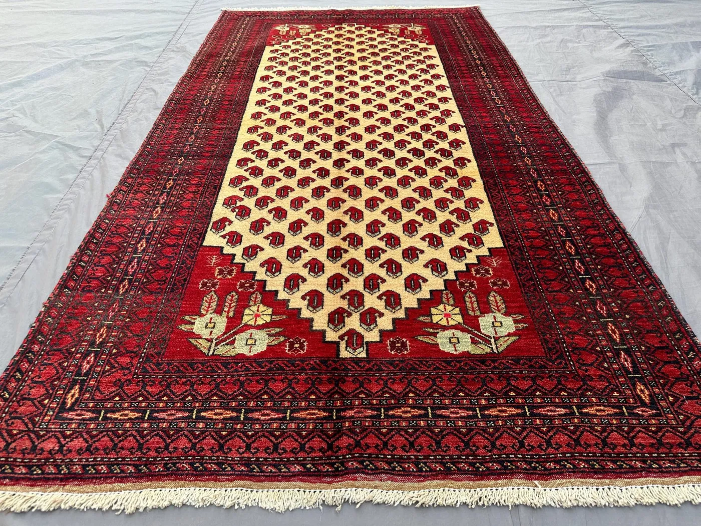 3'2x5'6 ft Antique Afghan Baluch Wool Rug | Tribal Turkmen Bukhara Design | Hand Knotted Geometric Carpet | Red Area Floor Rug, Kitchen Rug