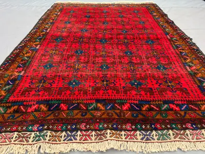 4'4x6'6 ft Vintage Afghan Baluchi Hand Knotted Rug | Red, Blue, and Brown Wool Tribal Carpet | Geometric Patte