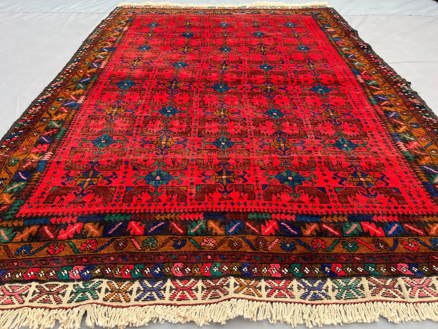 4'4x6'6 ft Vintage Afghan Baluchi Hand Knotted Rug | Red, Blue, and Brown Wool Tribal Carpet | Geometric Pattern | Bedroom/Kitchen Rug