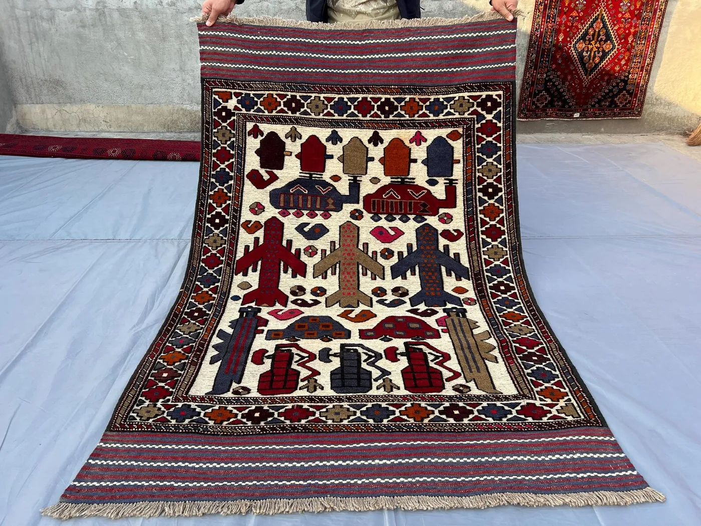 Afghan Baluch Tribal War Rug – Handmade Pictorial Wool Carpet – Vintage 1980s War Motif Decor Piece for Collectors, Turkmen Faded Rug, Baho