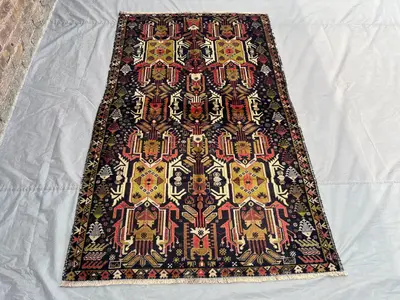 4.2x6.9 ft Afghan Baluchi Rug | Vintage Handwoven Wool | Tribal Design, Unique Pattern | Red, Yellow, Black, a