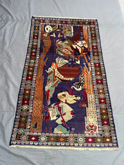 3.8x6.2 ft Afghan Baluchi Hand-Knotted Rug | Vintage Pictorial Design | Rich Red, Blue, Yellow, Green, Ivory |