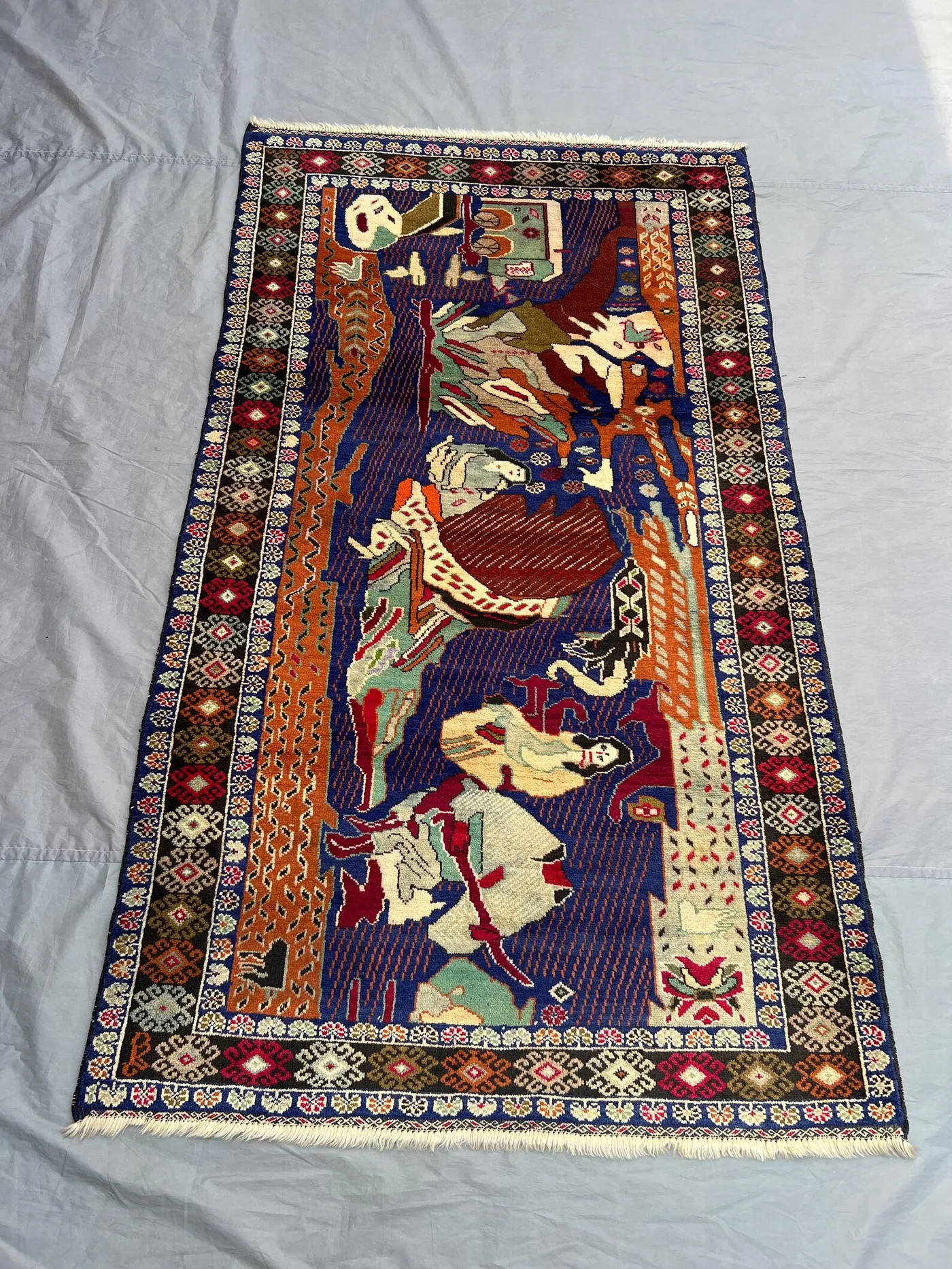 3.8x6.2 ft Afghan Baluchi Hand-Knotted Rug | Vintage Pictorial Design | Rich Red, Blue, Yellow, Green, Ivory | afghan historical rug