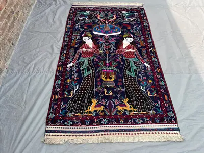 4.1 x 7.3 ft Afghan Hand Knotted Vintage Pictorial Rug | Women, Birds, Deer Motif | Red, Blue, Yellow, White, 