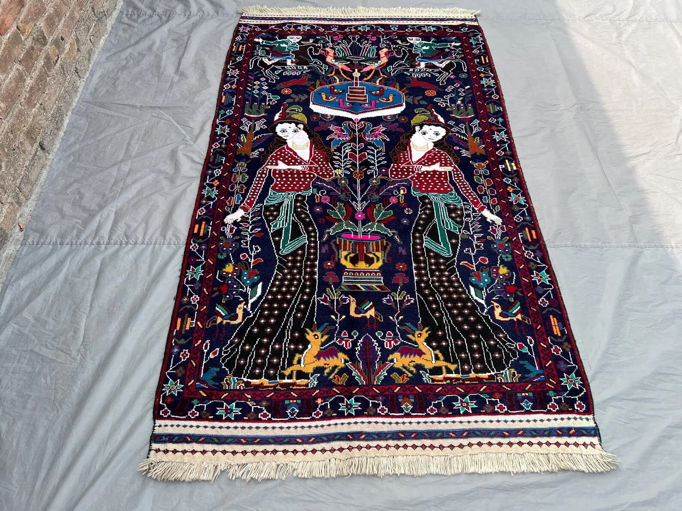 4.1 x 7.3 ft Afghan Hand Knotted Vintage Pictorial Rug | Women, Birds, Deer Motif | Red, Blue, Yellow, White, Black \ living room rug