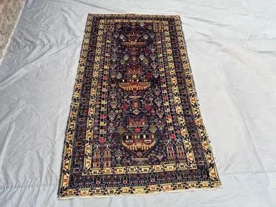 Antique Afghan Baluchi Rug | 3.8x6.9 ft Hand Knotted Pictorial Floral Pot Geometric Wool | Vintage Tribal Noma