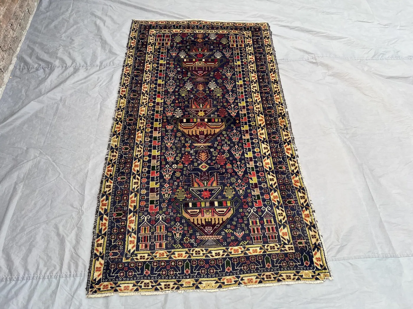 Antique Afghan Baluchi Rug | 3.8x6.9 ft Hand Knotted Pictorial Floral Pot Geometric Wool | Vintage Tribal Nomadic Carpet | Boho Decor