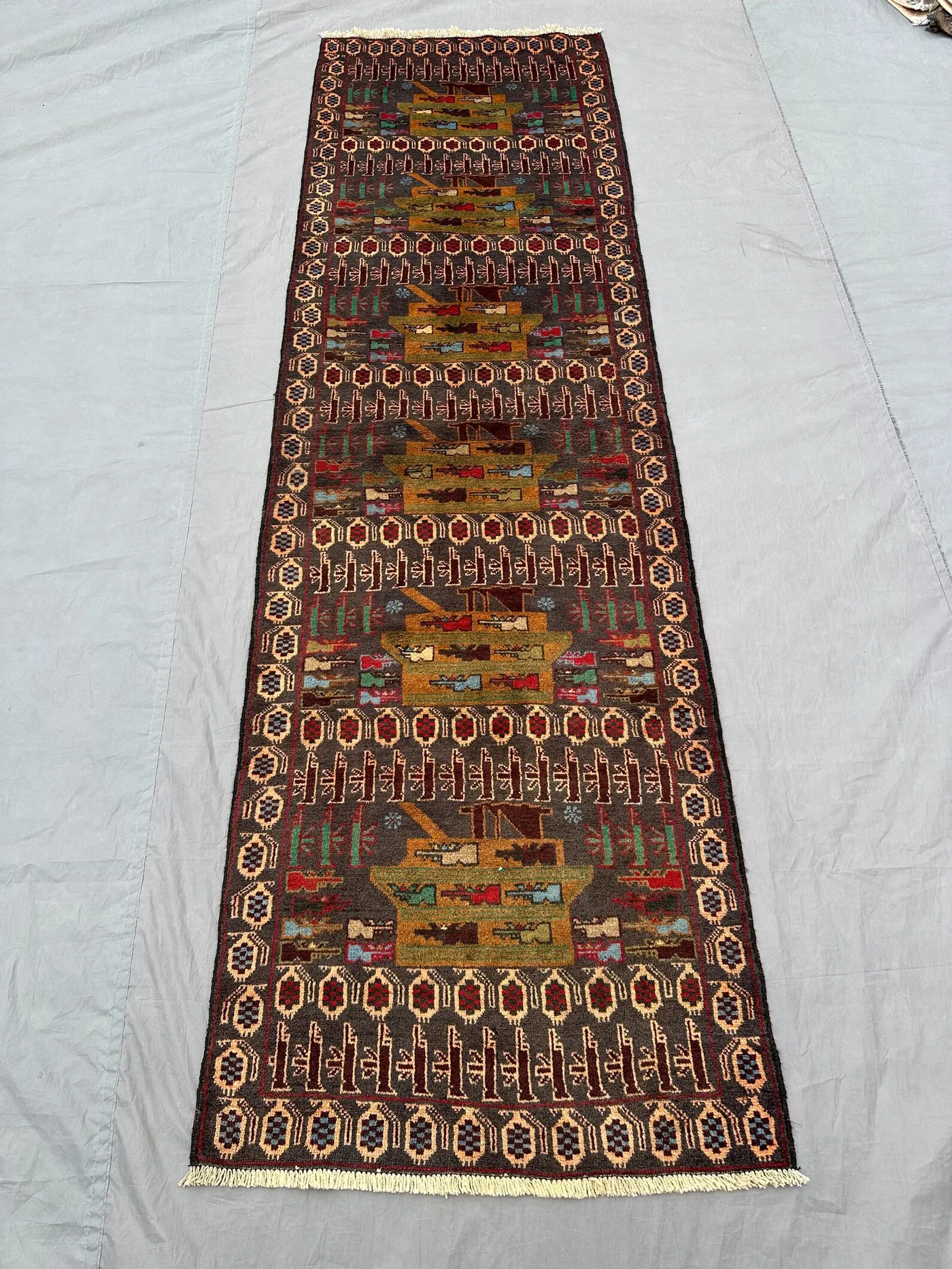3x10 Vintage Afghan War Runner Rug | Hand Knotted Wool Pictorial Carpet | Tribal Hallway Rug | Unique Military Art Decor, Bohemein Decor