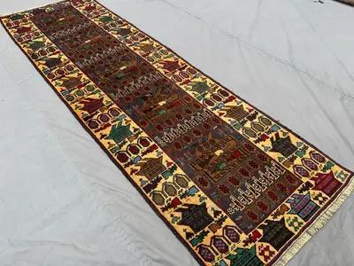 3x10 Afghan War Runner Rug | Hand Knotted Wool Tribal Carpet | Pictorial Hallway Rug | Vintage Geometric Art D