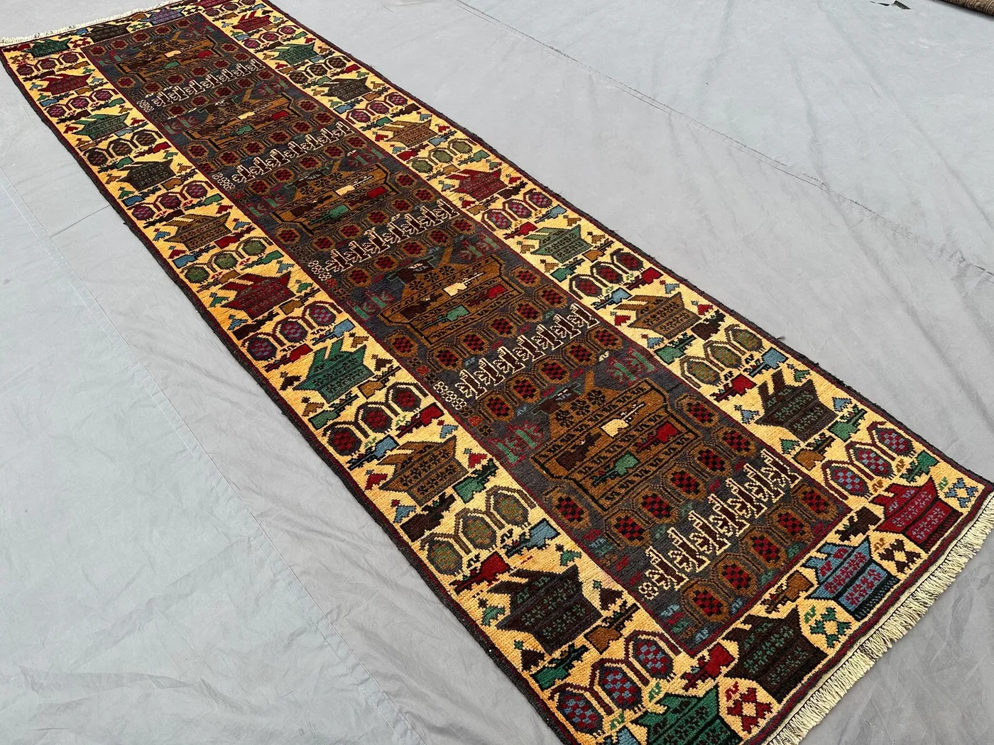 3x10 Afghan War Runner Rug | Hand Knotted Wool Tribal Carpet | Pictorial Hallway Rug | Vintage Geometric Art Decor | Nomadic Wool Rug
