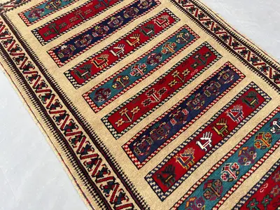 3x5 Vintage Afghan Pictorial Rug | Hand-Knotted Tribal Baluchi Wool Carpet | Colorful Animal & Tree Motif | Bo