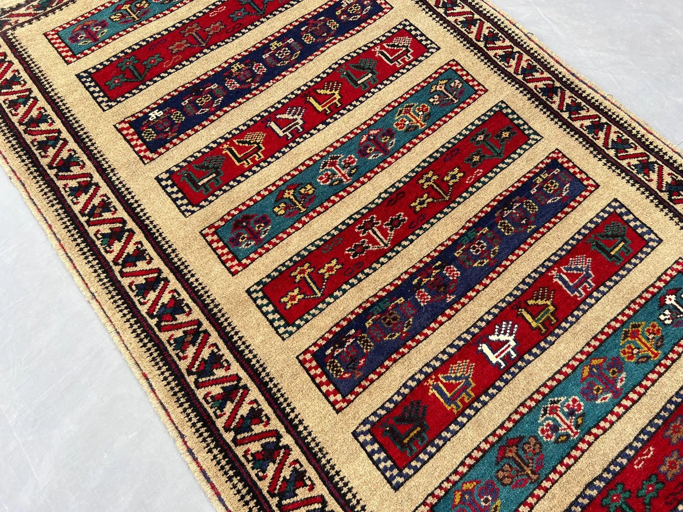 3x5 Vintage Afghan Pictorial Rug | Hand-Knotted Tribal Baluchi Wool Carpet | Colorful Animal & Tree Motif | Boho Area Rug Decor, Office Rug