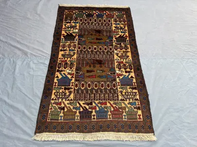 4x7 Afghan War Rug | Antique Baluch Tribal Wool Rug | Rare Pictorial Rug | Handmade Vintage Decor | Collectibl