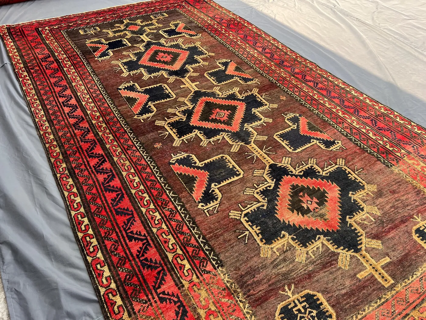 5'9x10'6 ft Vintage Afghan Rug – 1950s Hand Knotted Tribal Carpet, Brown Red Geometric Wool Area Rug, Nomadic Baluchi Style Rug, Floor Decor