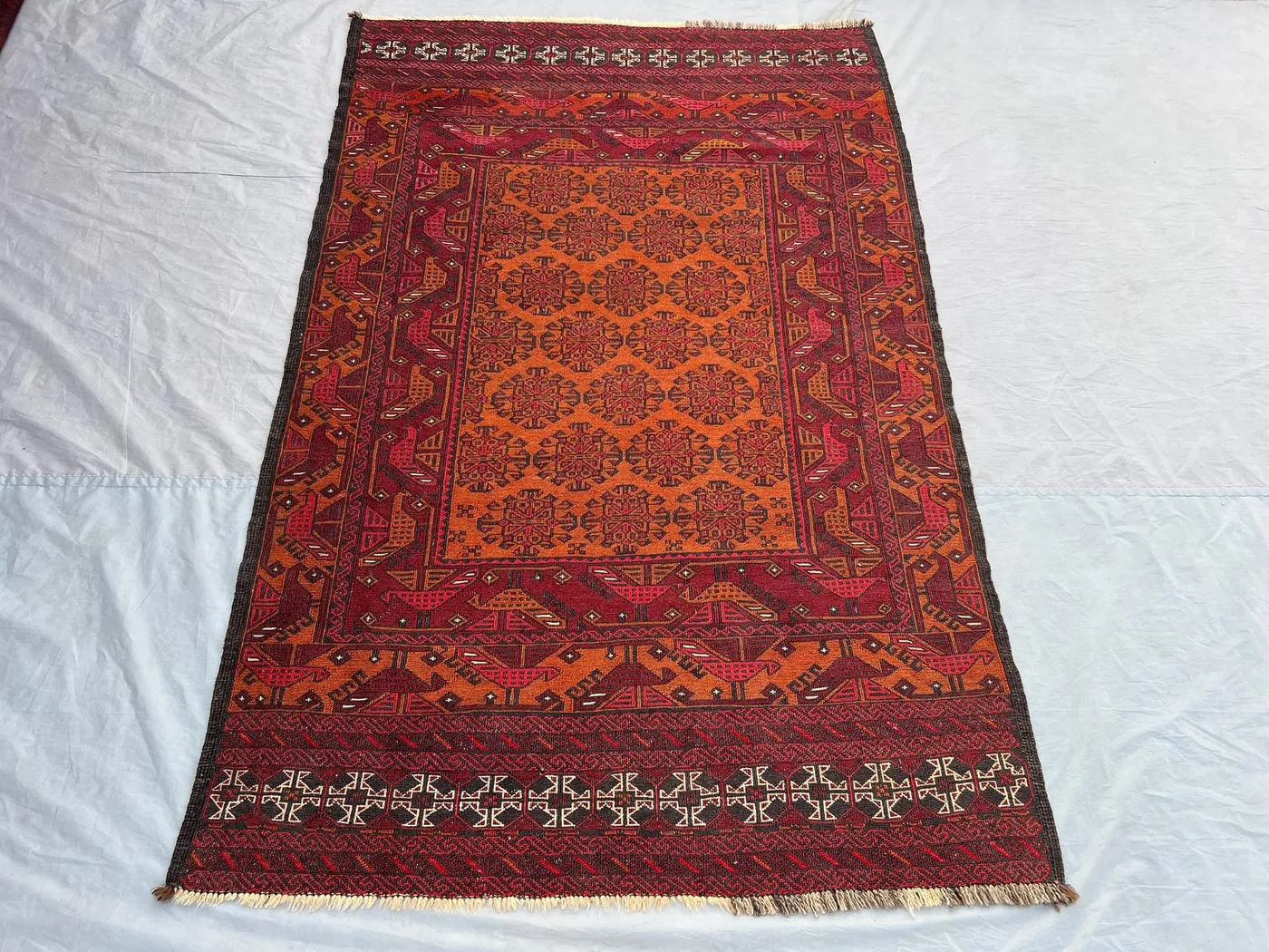 4x7 Vintage Afghan Kilim Rug | Tribal Wool Flat Weave Baluchi Style | Handwoven Boho Floor Rug | Orange Red Ethnic Decor Rug, Kitchen rug