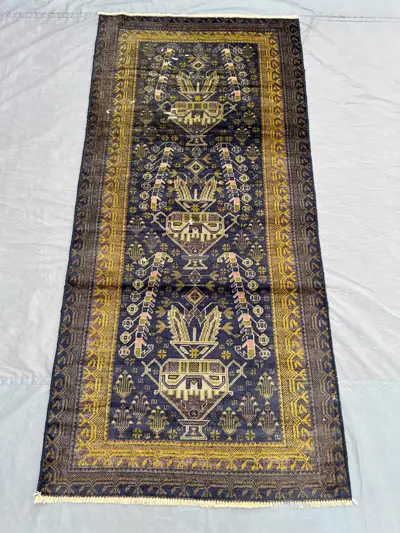 Antique Afghan Baluch Rug 2'8 x 5'9 ft, Floral Pot Pictorial Wool Carpet | Hand Knotted Nomadic Rug | Navy Yel
