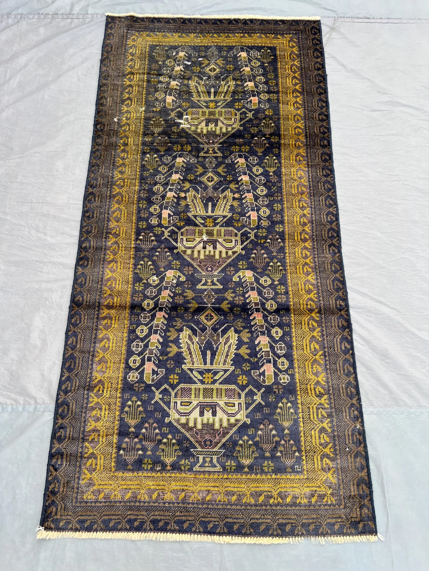 Antique Afghan Baluch Rug 2'8 x 5'9 ft, Floral Pot Pictorial Wool Carpet | Hand Knotted Nomadic Rug | Navy Yellow Tribal Decor | Vintage Rug