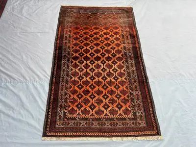 Antique Afghan Baluch Rug 3'8x6'2 ft | Hand Knotted Wool Carpet | Tribal Geometric Pattern | Vintage Kitchen A