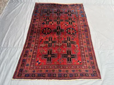 Vintage Red Navy Black Afghan Baluchi Rug | 4x7 ft Hand Knotted Wool Tribal Geometric Carpet | Boho Entryway L